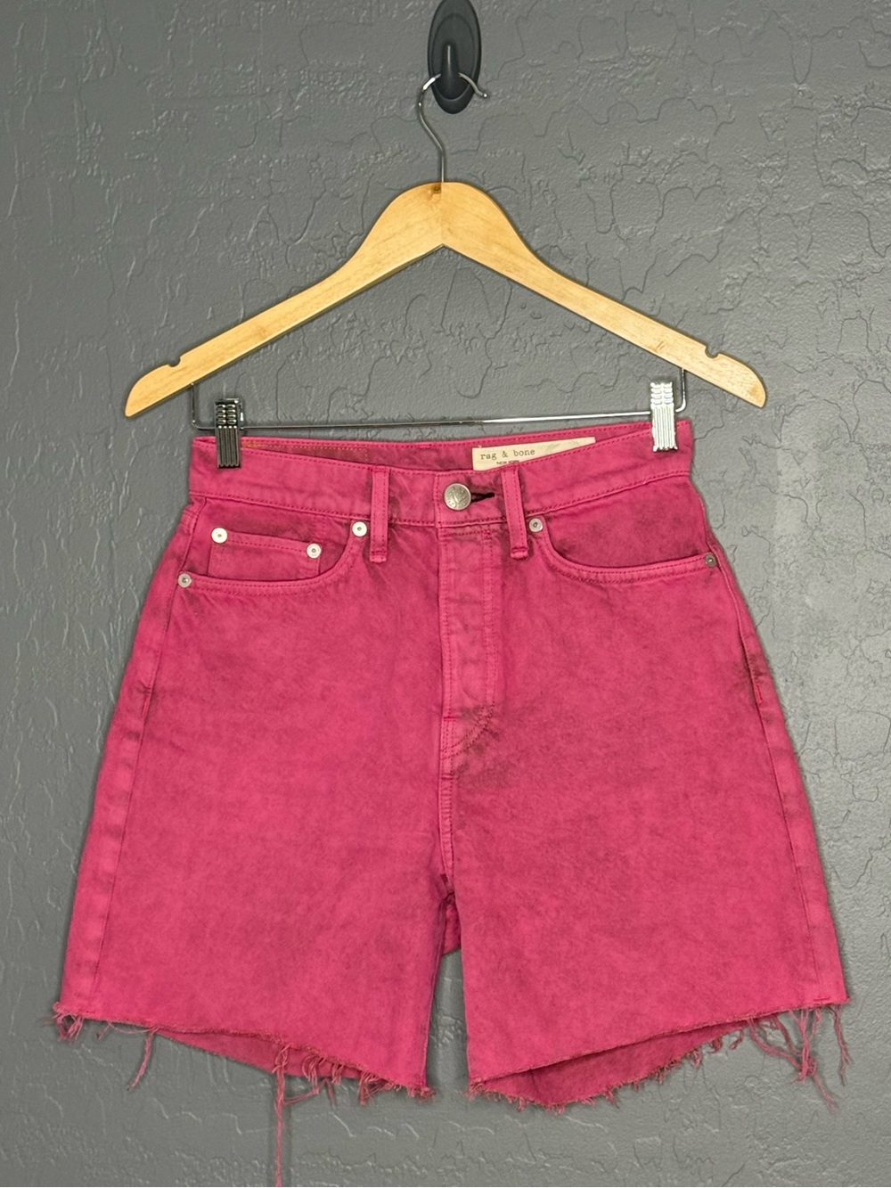 rag & bone Vintage Pink High-Rise Tie Dye Raw Hem Organic Denim Shorts